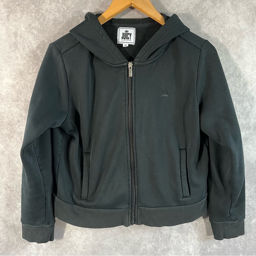 Juicy Couture Hoodie Women Medium M Black Zip Crop Fleece Sweatshirt *See Desc*